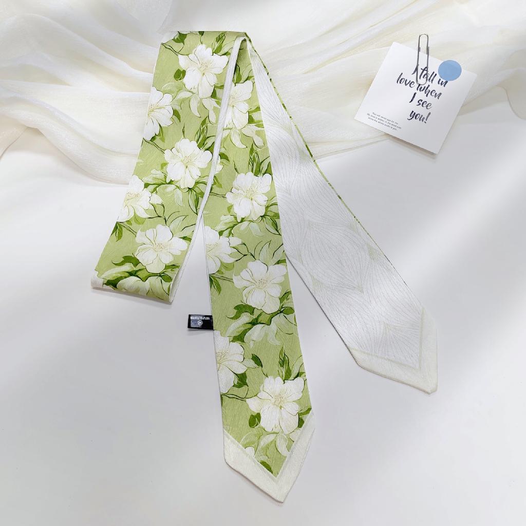 French green small long narrow silk scarf women's spring and autumn pointed corner tied bag ribbon braided hair band headgear scarf streamer belt