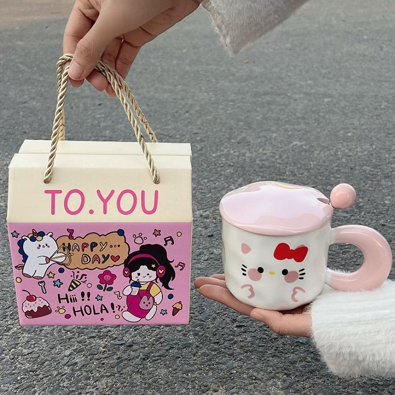 Cute Expression Mug with Lid Spoon Ceramic Cup Girls Couple Water Cup Home Children Breakfast Coffee Cup Men