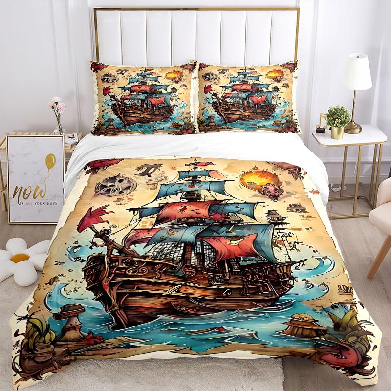 3pcs Pirate Ship Adventure Bedding Set - Includes One Quilt Cover and Two Pillowcases (No Core) - Perfect for Home Decor, Festive Gifts, Polyester Fab