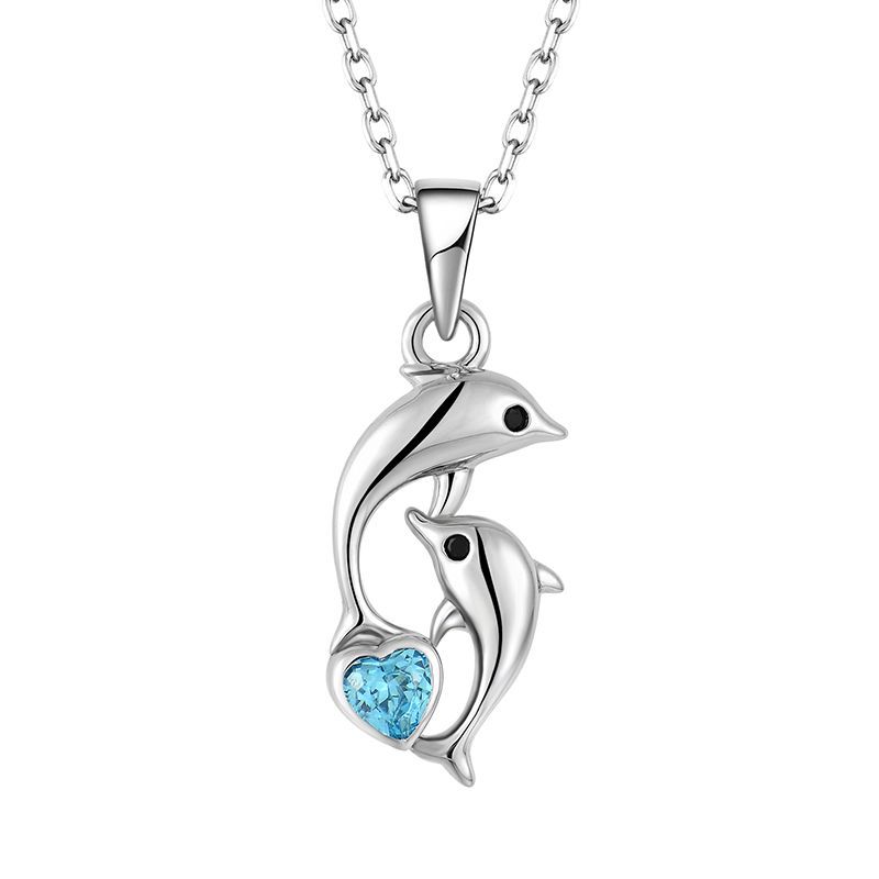 S925 Sterling Silver Vintage Twin Dolphin Heart Shaped Blue ZIRCON Charms Pendant Dainty Thin Chain Women Beach Vacation Gift