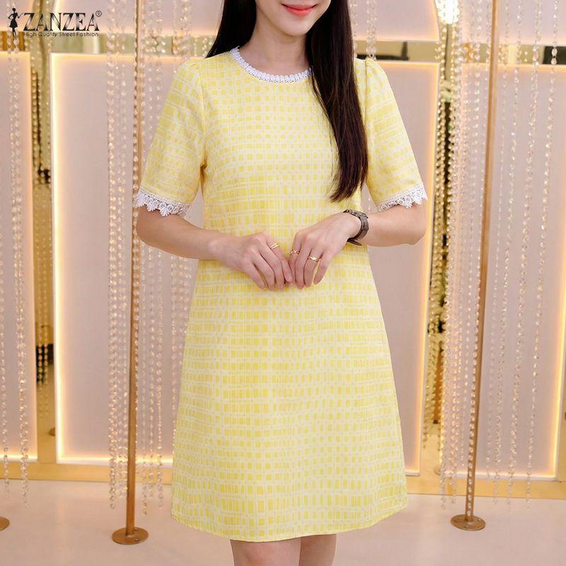 ZANZEA Women Casual Round Neck Short Sleeve Print Dress