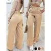 Women's High Waist Wide Leg Pants with Button Detail