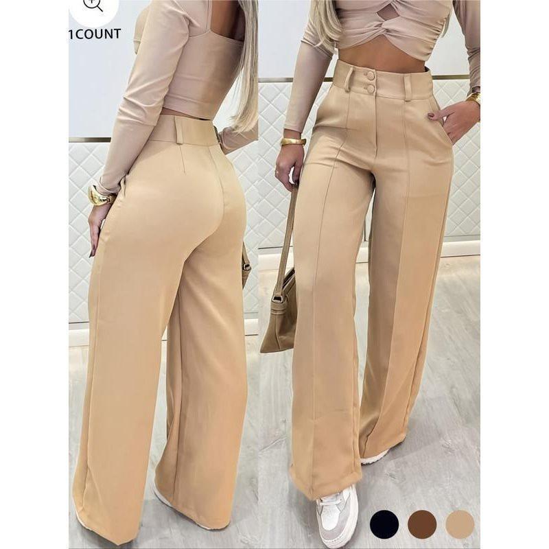 Women s High Waist Wide Leg Pants with Button Detail S