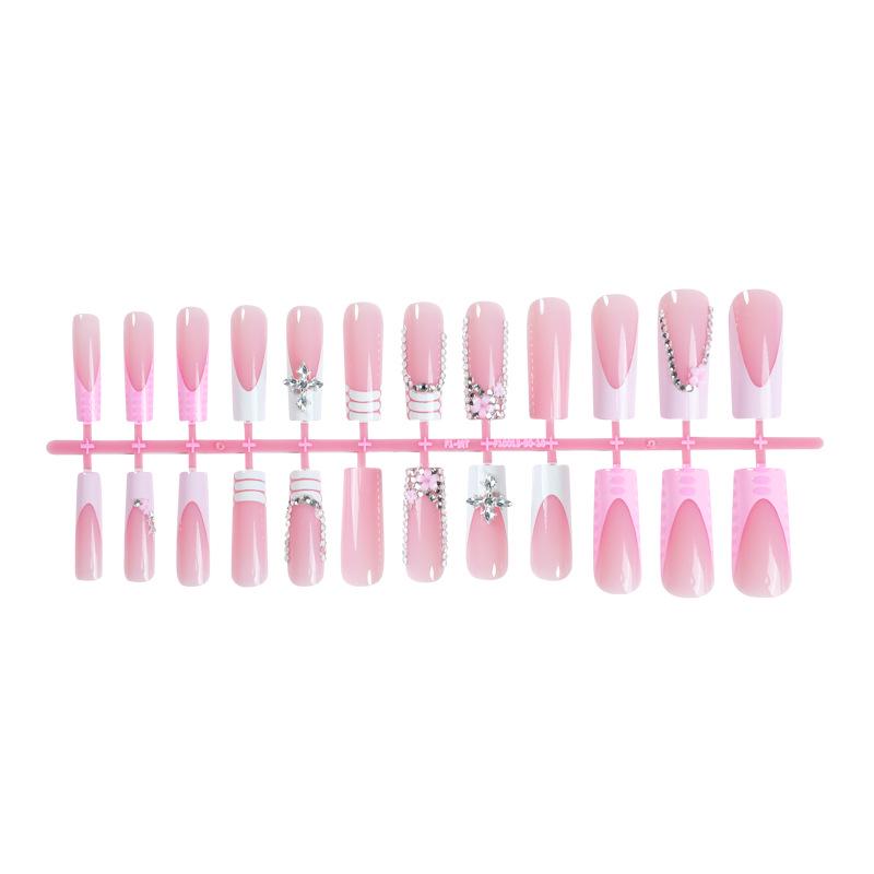 

French Plaid Rhinestone Wearable Nail Tips - 24-Piece Set of Removable False Nails
