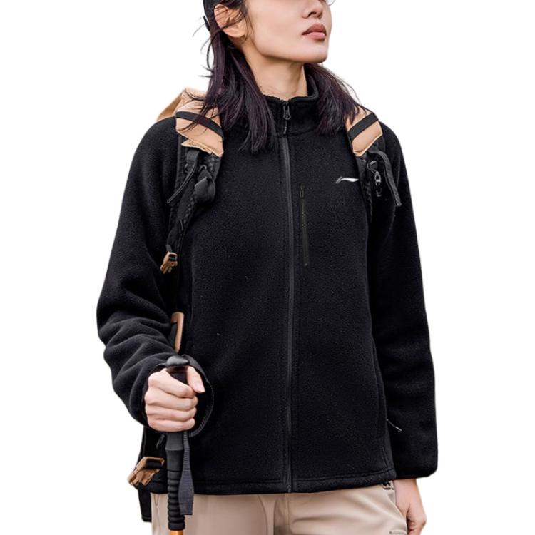 Li-Ning Comfortable Casual Minimalist Stand Collar Zipper Fleece Jacket Women Jackets Black AENUL001-1