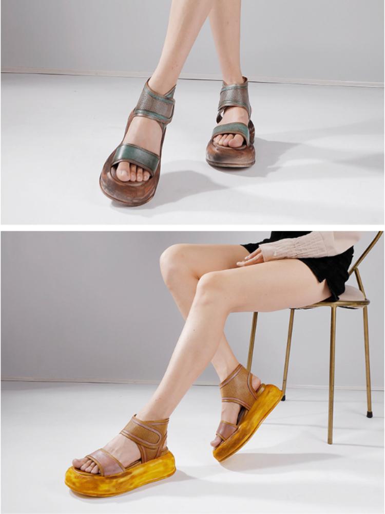 Johnature Genuine Leather Thick Sole Sandals Retro Soft Sole Handmade Women's Flat Platform Shoes