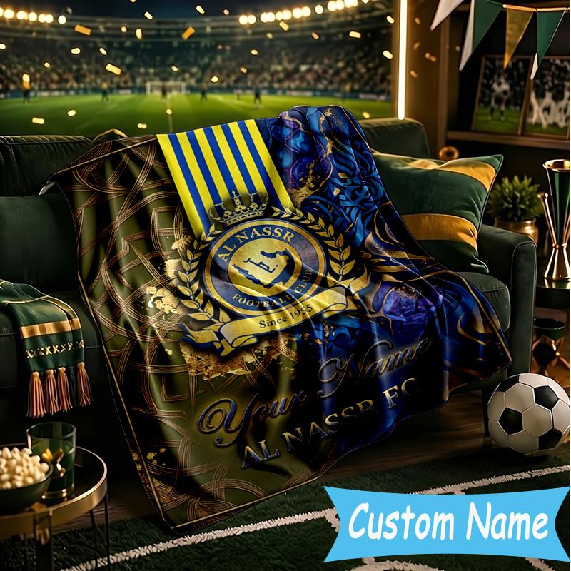Custom Name Al Nassr Football Club Crest Flannel Blanket, Use for Birthday/Holiday Gift, Soft Blanket for Sofa/Bed/Camping/Office, Home Decor