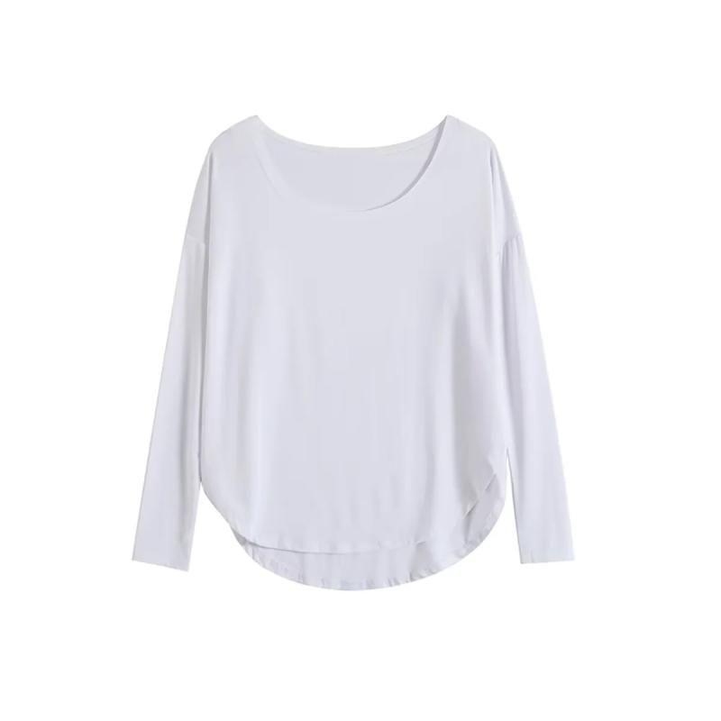 

Big Neckline Long Sleeves Women s T-shirt Loose Modal Thin Micro Transparent White Drape Plaid Soft and Bottoming Shirt Blouse White S