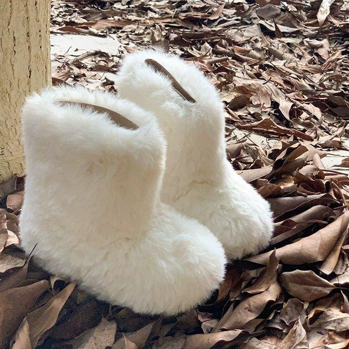 Fluffy varme plysjstøvler Baby jenter Luksus tykke pels støvletter Småbarn Barn Vintermote Rund tå Slip-on utendørs bomullssko