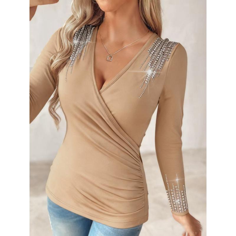 Women S Long Sleeve V Neck Solid Rhinestone T Shirt Plus Size