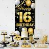 Happy 16th Birthday Decorations for Boys & Girls - Fabric Black & Gold 16 Birthday Backdrop Banner, Yard Sign, Photo Booth Props - Outdoor Indoor