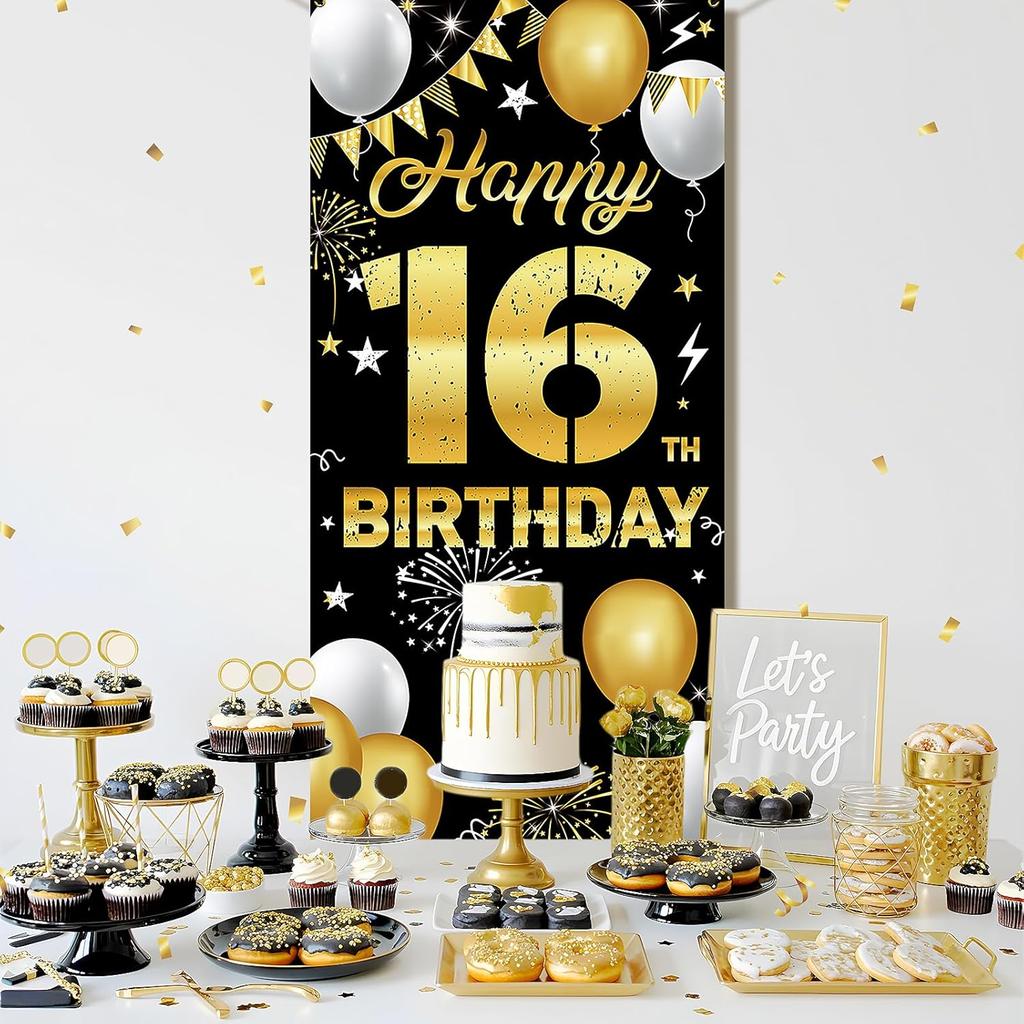 Happy 16th Birthday Decorations for Boys & Girls - Fabric Black & Gold 16 Birthday Backdrop Banner, Yard Sign, Photo Booth Props - Outdoor Indoor