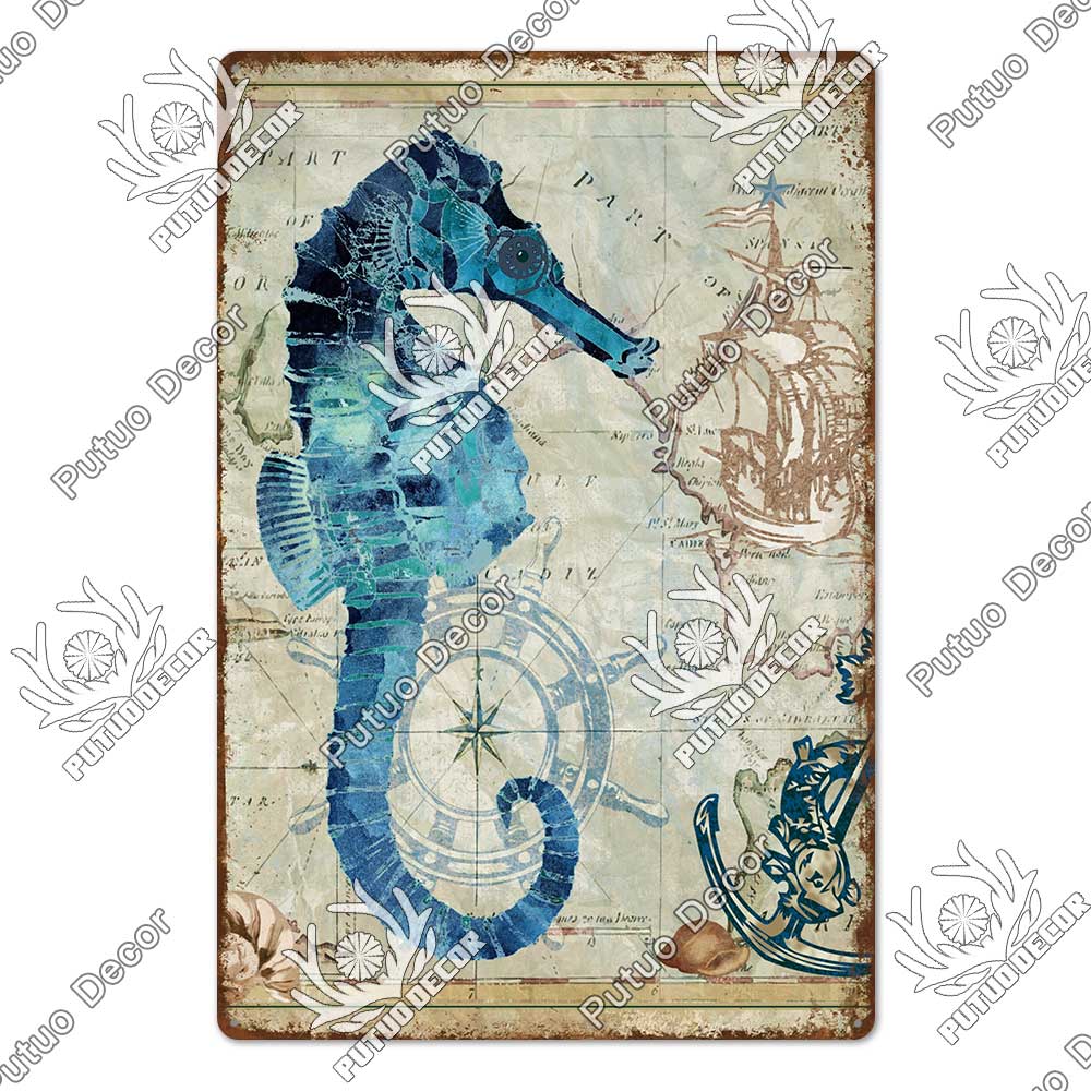 Decor Marine Animals Tin Sign Vintage Plaque Metal Wall Retro Posters for Beach Bar House Decorative Art Iron Painting