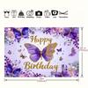 2D Purple Floral Butterfly Happy Birthday Backdrop Gold Accent Party Decoration Banner