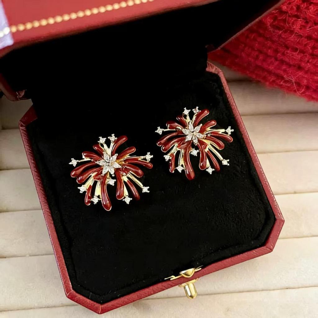2026 Best-Selling New Year Red Zirconia Firework Stud Earrings for Women – Unique, Beautiful Niche Ear Clips