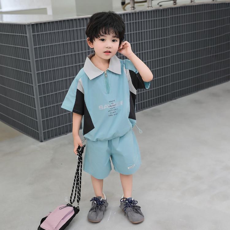 Boys Summer Color Block Polo Collar Zipper Set - Short Sleeve & Shorts 100cm озеро синий