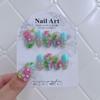 Jia Zhi Mu Mint Green Gradient False Nails with 3D Pink Flowers & Pearl Chain