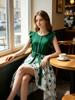 Women's Summer Floral Hi-Low Dress ,Ruffle Sleeve Green Dress with Belt, Casual Boho High Waist Long Dresses