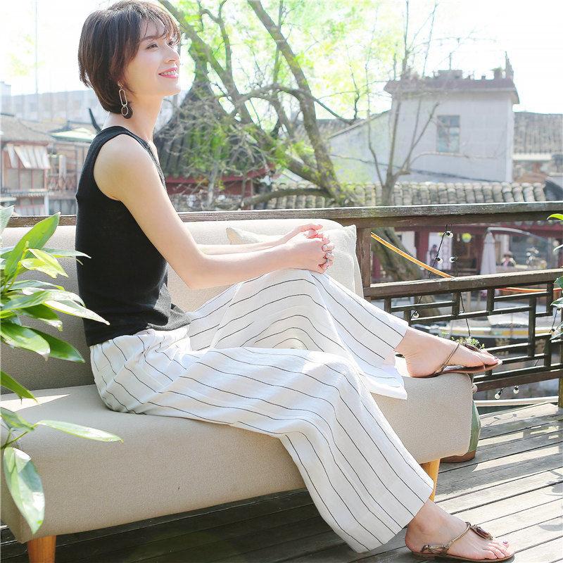 Dámské letní kalhoty Bavlněný Lněný Pás Široké kalhoty pro ženy v pouličním stylu