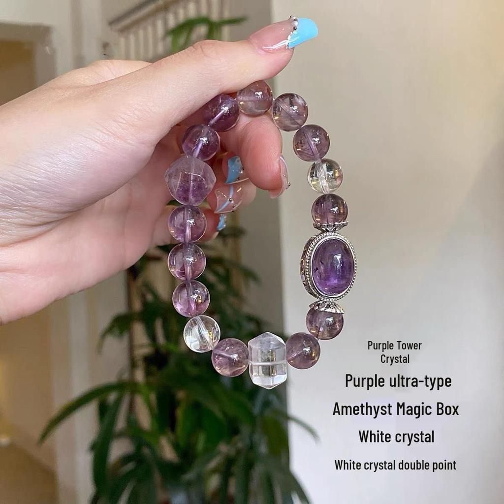 Amethyst & Weißer Kristall Glücksbringer-Armband: Lila & Gelber Bolivianischer Kristall für Damen