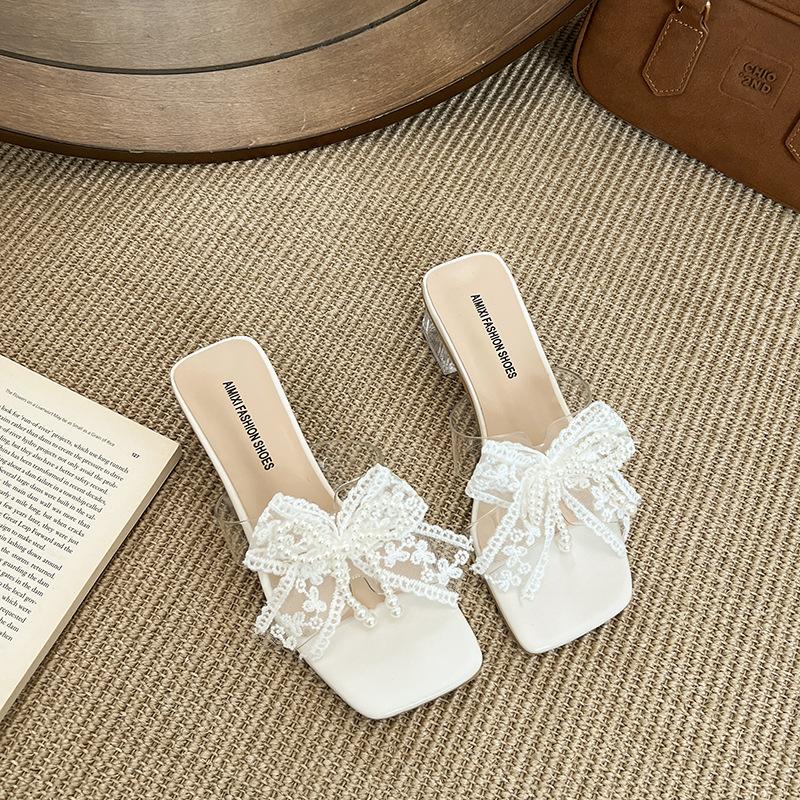 Beaded thick heel bow transparent high heel summer new women's square head sandals lace cool slippers