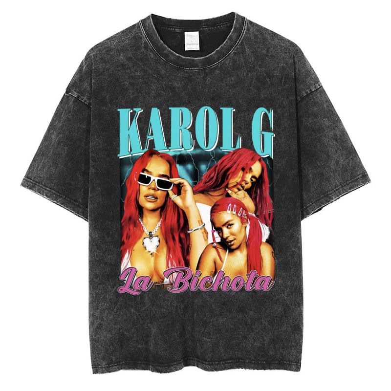 Fashion Karol G La Bichota Washed TShirt Aesthetic Hip Hop Men Women Short Sleeve Oversized Cotton Casual Tee Shirts Streetwear
