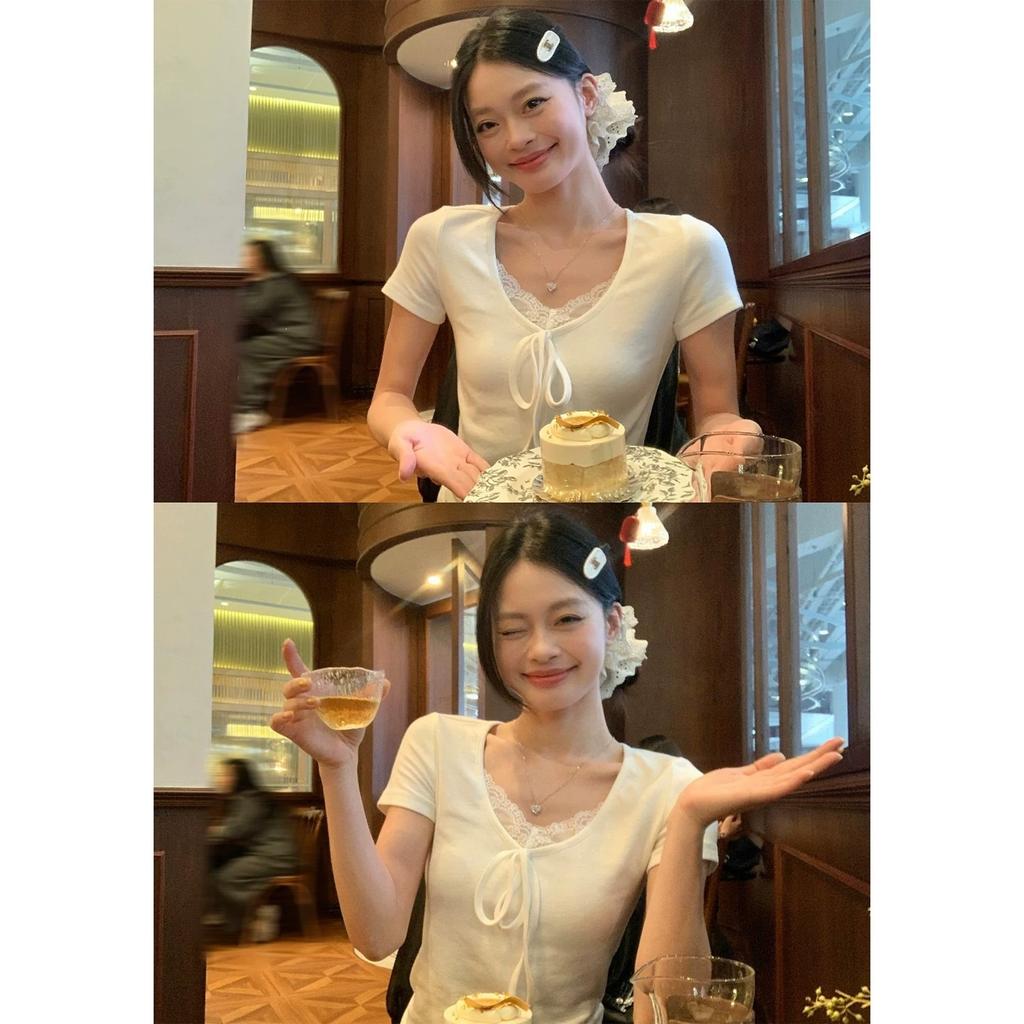 Korean Niche Design Sense Lace Splicing V-neck Short-sleeved T-shirt Women's Summer Slim and Thin White Temperament Top Tide