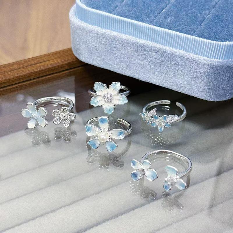 Small Fresh Enamel Ice Blue Flower Opening Ring Super Fairy Diamond Stacked Wearing Personality Sweet Super Fairy Ring Woman