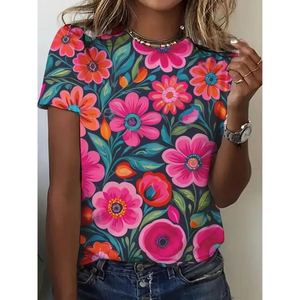 Daily Versatile Flower Women's Printed Crew Neck Top Short Sleeve Casual T-Shirts Women’s