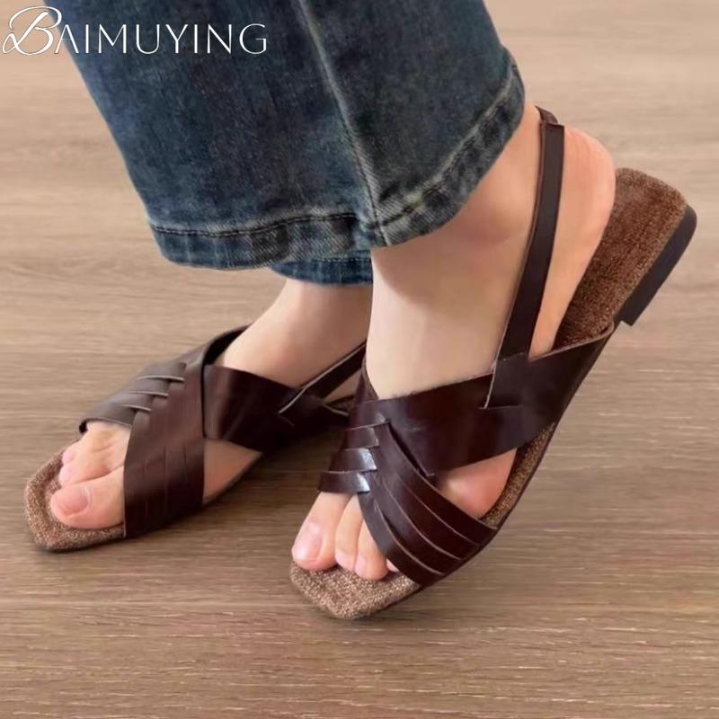 Mode Damen Sandalen Eckige Zehenpartie Flache Flecht-Freizeitschuhe Frau Loafers 2025 Trend Sommer Flach Komfort Sandalen Für Damen Übergröße