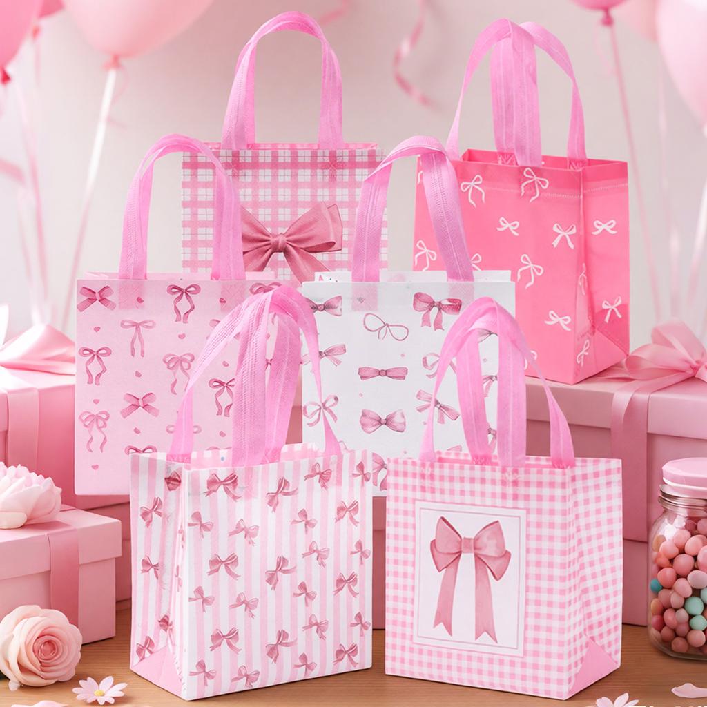 Pink Bow Non-woven Gift Bags Pink Bow Birthday Party Decorations Kids Girls Favors Gifts  Handbags Wedding Baby Shower Supplies