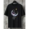 European Sizes Men's Casual Trendy Moon Astronaut Graphic Print Comfortable Crew Neck Short Sleeve T-shirt, Oversized Loose Clothing