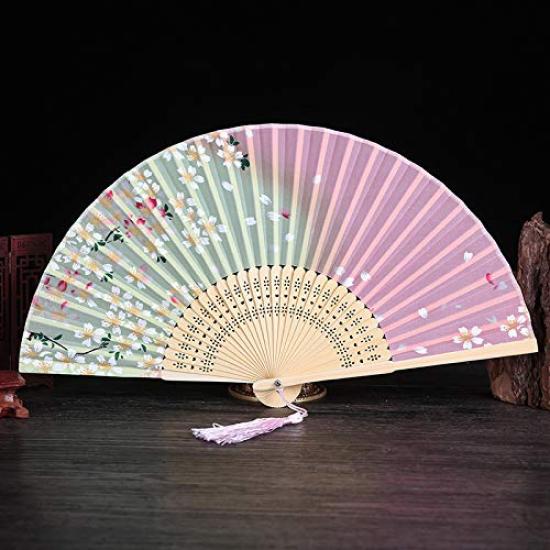 [boshiho] Women's Bamboo Fan with Rayon Floral Pattern. Stylish, Elegant, and Gorgeous Japanese Accessory.
