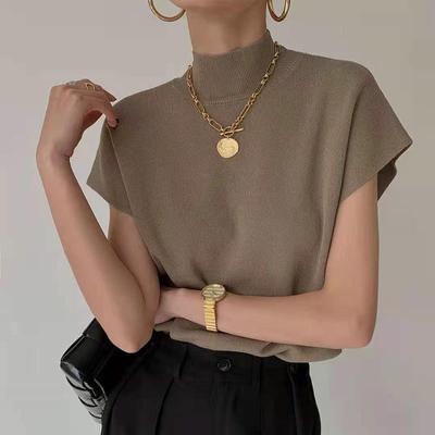Fashion New 2024 Summer Short Sleeve Casual Stand Collar  Knitted T-Shirt Women Tops Tees J512
