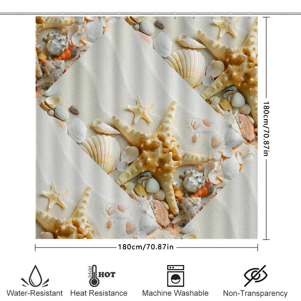 Seashell Print Shower Curtain Beach Decor Bathroom Decoration Waterproof Fabric 3D Printed Bath Mat for Home Decorations White
