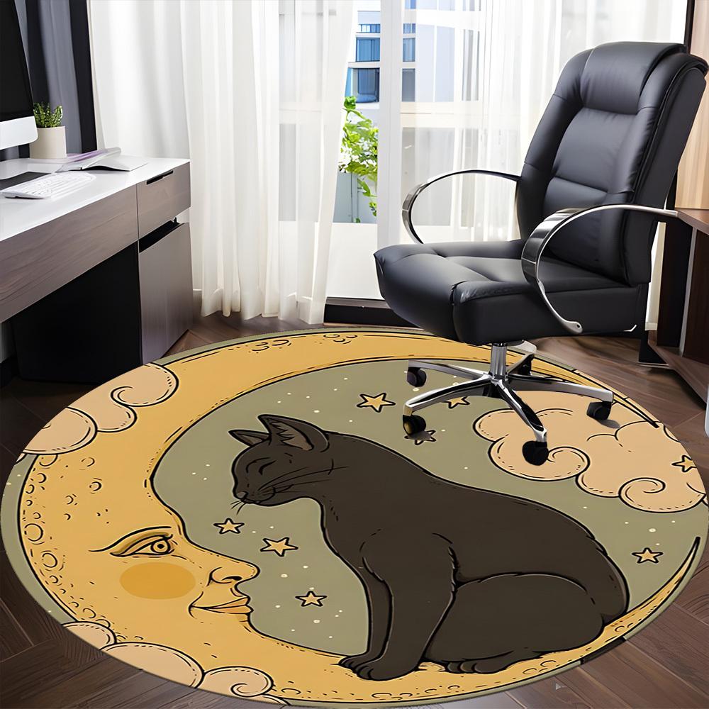 1pc Moon Cat Office Round Area Rug, Indoor Mat Suitable For Office, Under Office Chairs Bedroom Living Room Home Decor, Room Deco176
