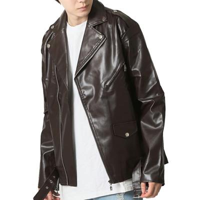 Doppel-Rider Leder Glänzend Synthetisches Leder und PU-Leder Eng Solide Motorradgröße Braun Herrenjacke, Jacke, Frühling, Passform, Farbe,