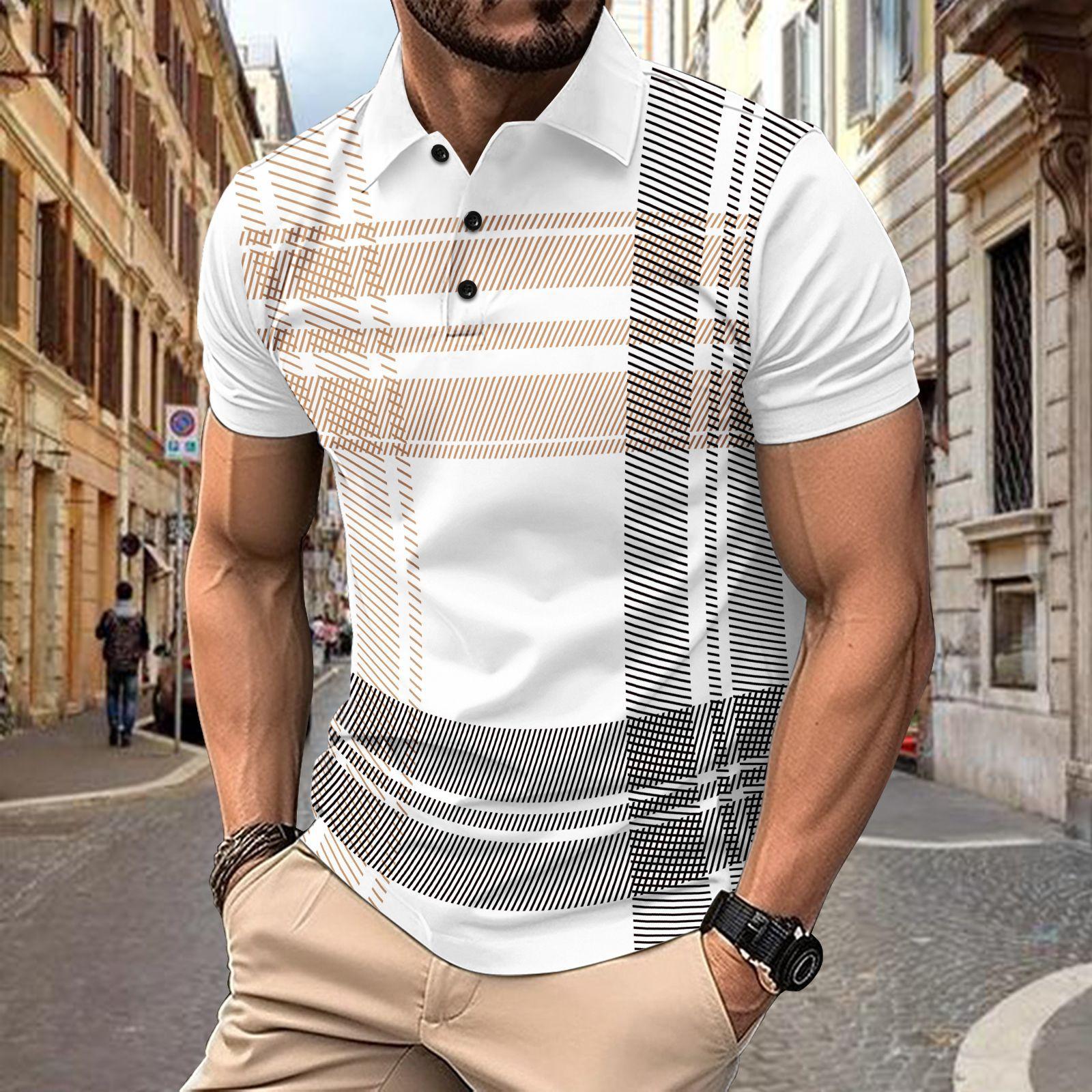 Men s summer polo shirt: printed stripes, loose-fit, versatile sports T-shirt S белый
