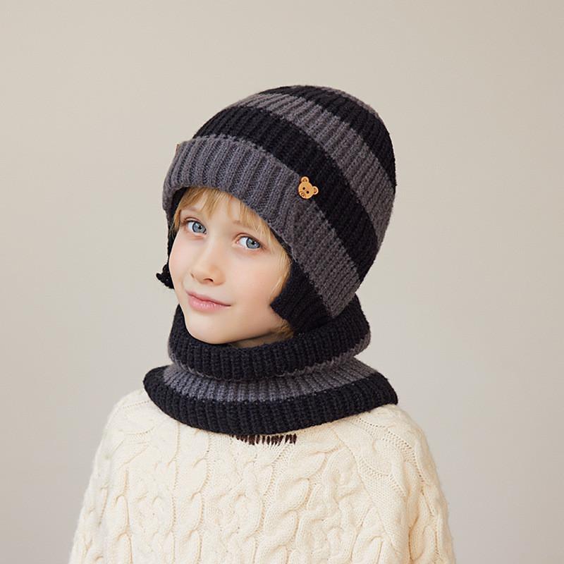 Kids Knitted Hat And Scarf Set With Windproof Warmth For Winter Outdoor Play DarkGrayBlack
