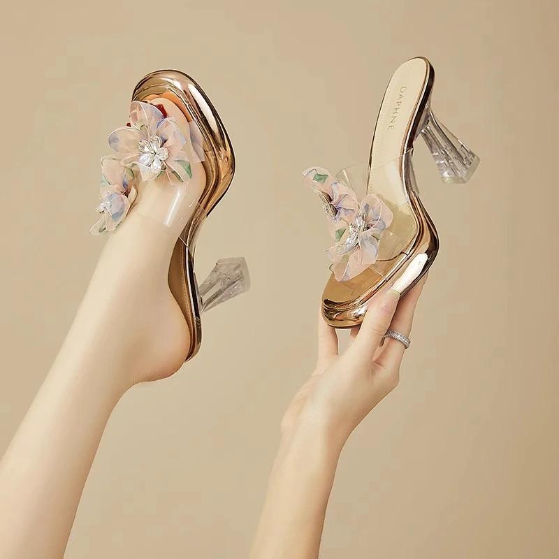 Shoes Woman 2025 Slippers Summer Heeled Mules Square heel Glitter Slides Pantofle High Block Jelly Transparent New Scandals Pump