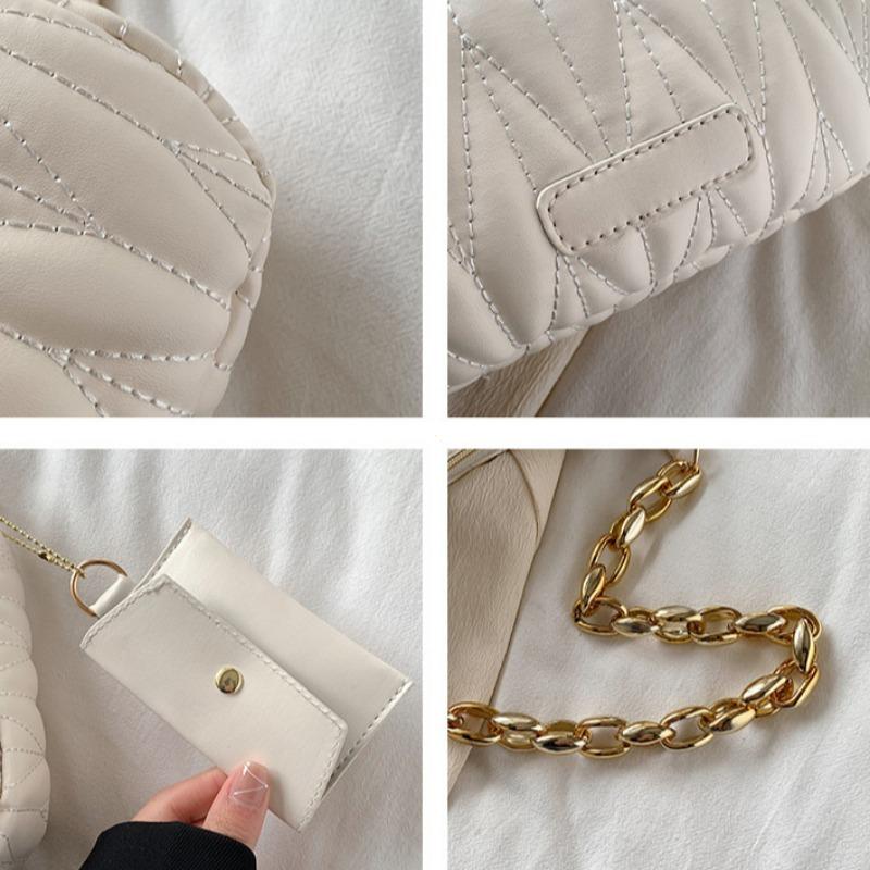 Quilted Ruched Crescent Bag, Fashion Chain Shoulder Bag, Women's Handbag with Coin Purse for Summer Every Day