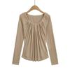 Double-Layer Lace Applique Comfortable Pleated U-Neck Long-Sleeve Feminine Waist-Slimming T-shirt