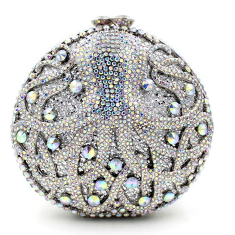 

Octopus Women Crystal Evening Purse Clutch Round 8 Colors Luxury Lady Clutch Champagne/Red/Silver Wedding Bag For Female Handbag 14.5cmX13cmX5cm