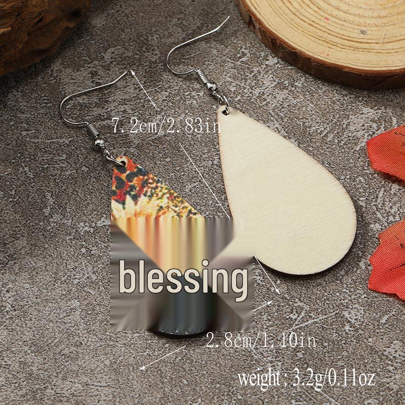 European Fashion Water Drop Women s Print Long Wooden Earrings