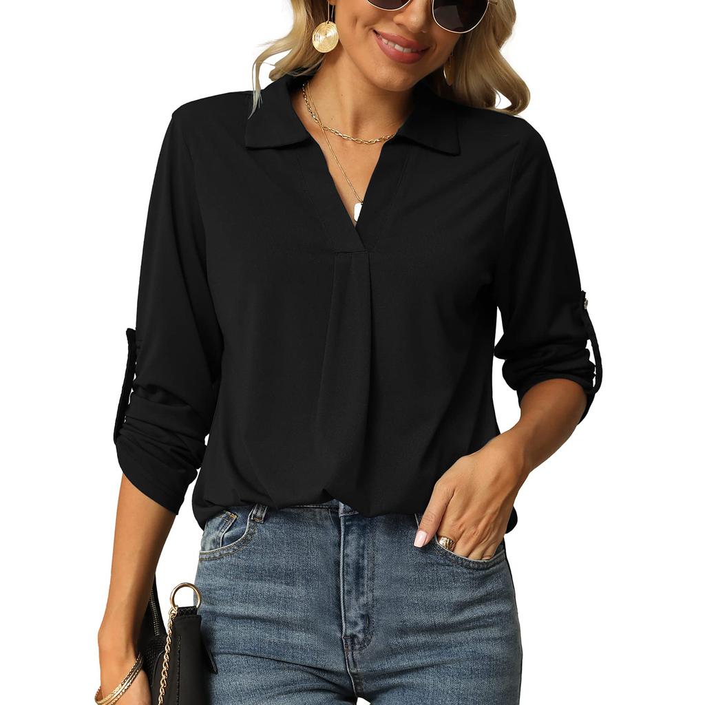 Frühling und Herbst Damen Hemdbluse Stretchshirt V-Ausschnitt Langarmshirt