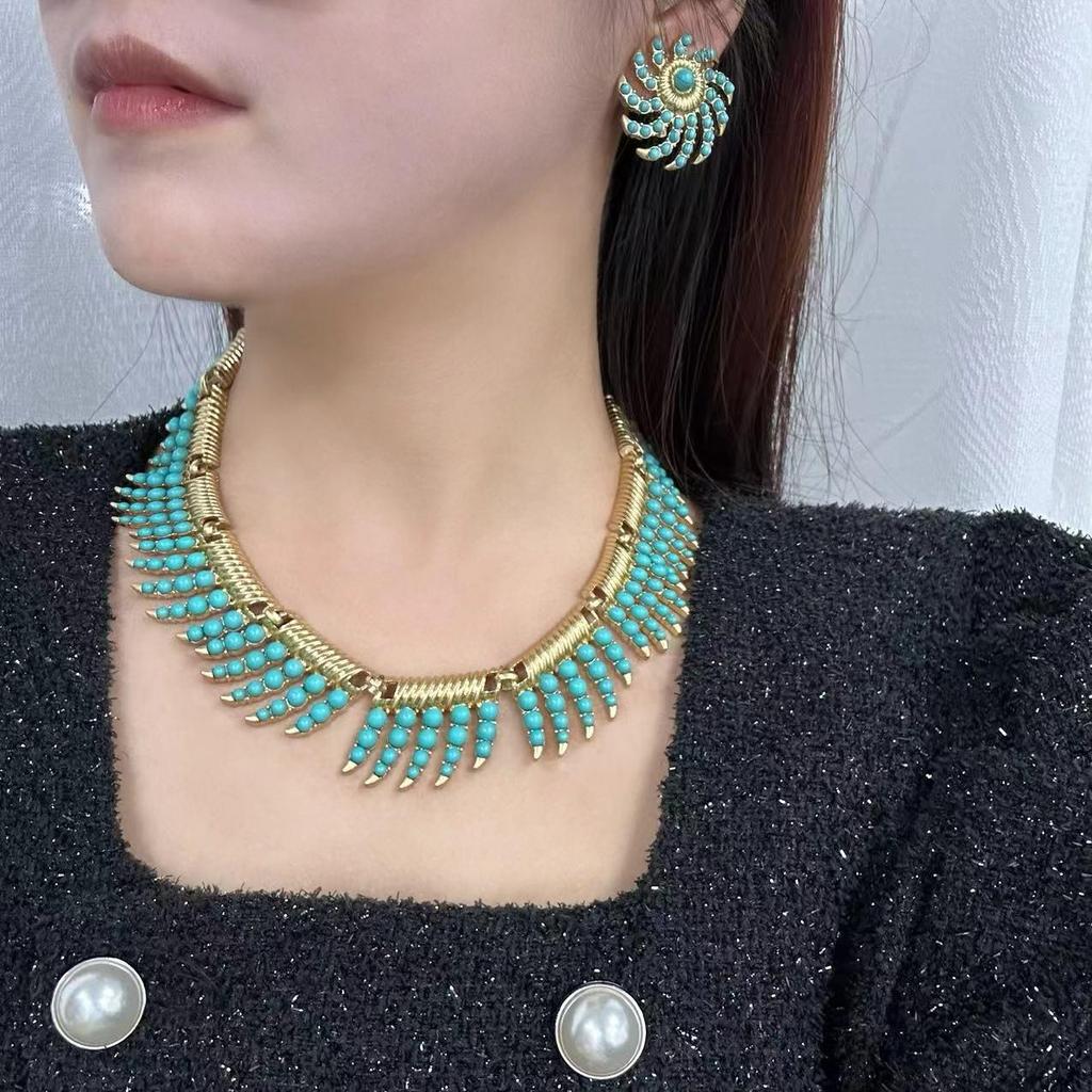 Vintage Cui Jia Luxusní Tyrkysový Náhrdelník a Sada Náušnic - Kolekce Ohňostrojů Letní Choker