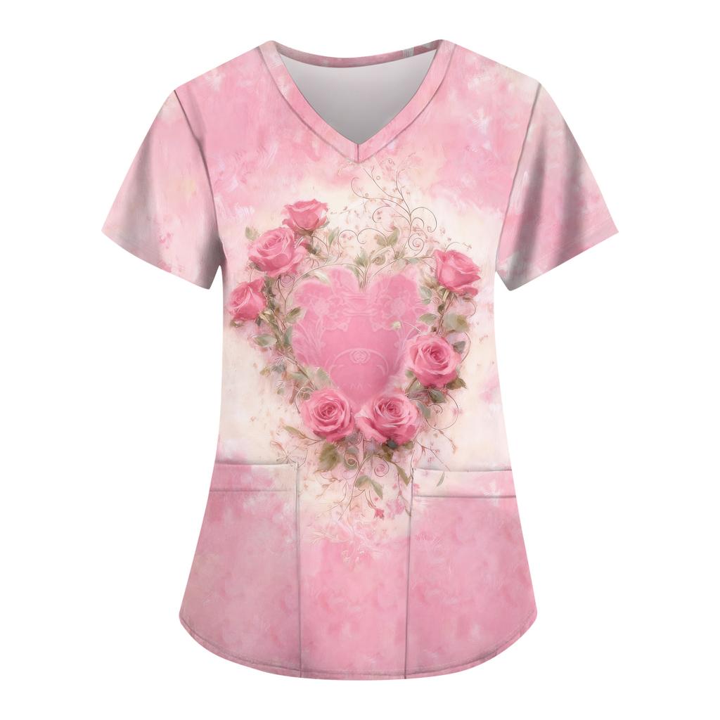 Women's Fashion Printed Short Sleeve V Neck Pattern Tops Pocket Working T-shirts