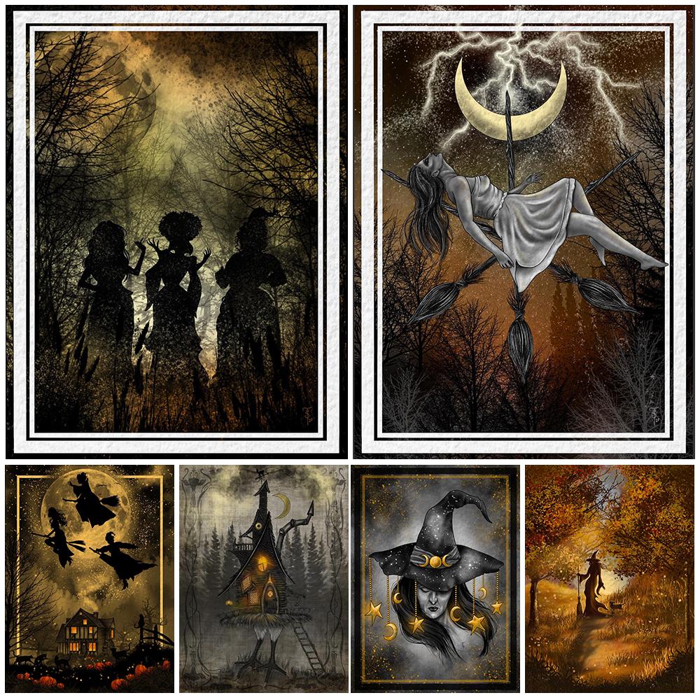 

Летающие ведьмы и волшебные метлы Винтажное настенное искусство Ведьмы и волшебные холсты Живопись Ведьмы Сестры Дом
