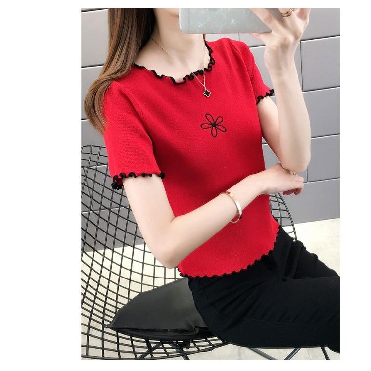 

Женская кружевная трикотажная футболка с коротким рукавом из шелка, летний облегающий крой и стильный топ XL