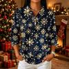 Women's Casual Christmas Print Button Down Top with Three-Quarter Sleeves and Notched Collar